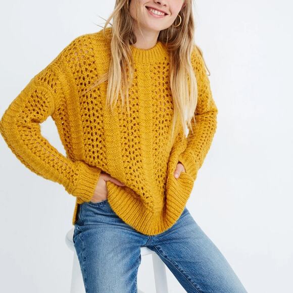 Madewell Mustard Yellow Windemere Pointelle Pullover Sweater Open Knit Sz Small - Picture 1 of 9